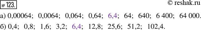 Изображение 123. Подметьте закономерность и допишите каждую последовательность чисел.0,00064;  0,0064;  0,064...;0,4;  0,8;  1,6;...
