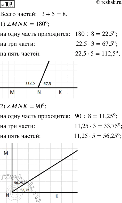 Изображение 109. Постройте угол MNK и разделите его лучом в отношении 3 :5, если:1) ?MNK=?180?^о; 2) ?MNK=?90?^о; 3) ?MNK=?80?^о; 4) ?MNK=?140?^о. ...