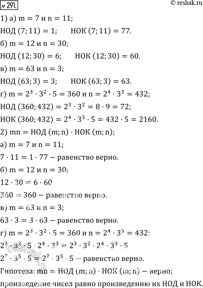 Изображение 291. 1) Найдите НОД и НОК чисел m и n:а) m=7 и n=11;    в) m=63 и n=3;б) m=12 и n=30;   г) m=2^3 ·3^2 ·5 и n=2^4 ·3^3.2) Сравните произведение mn с произведение их...