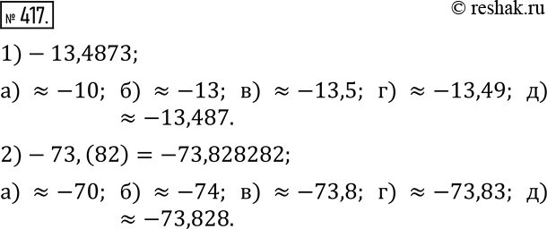 Изображение 417. Округлите число: 1) -13,4873; 2) -73,(82) до разряда:а) десятков;  в) десятых;   д) тысячных.б) единиц;    г)...