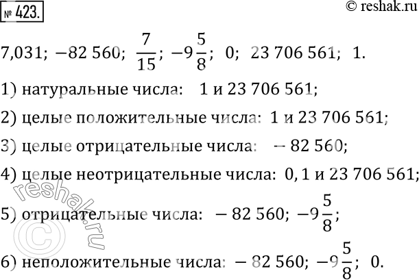 Изображение 423. Даны числа: 7,031; -82 560; 7/15; -9 5/8; 0; 23 706 561; 1.Назовите среди них:1) натуральные числа; 2) целые положительные числа;3) целые отрицательные...