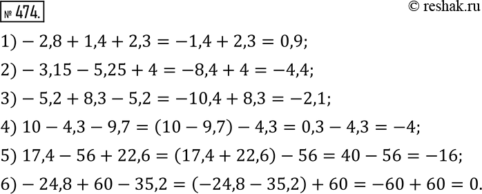 Изображение 474. Вычислите устно:1)-2,8+1,4+2,3; 2)-3,15-5,25+4; 3)-5,2+8,3-5,2; 4) 10-4,3-9,7; 5) 17,4-56+22,6; 6)-24,8+60-35,2. ...
