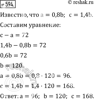 Изображение 594. Число a составляет 80 % числа b, а число c составляет 140 % числа b. Найдите числа a, b и c, если известно, что число c больше a на...